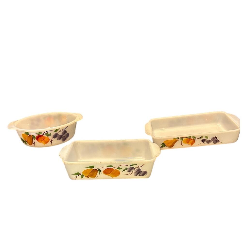 Vintage Fire King Gay Fad Fruit Design OvenWare Set Milk Glass Mid Century